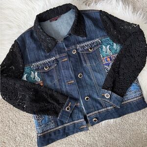 Mischa Embroidered Boho Denim Jacket with Lace Sleeves